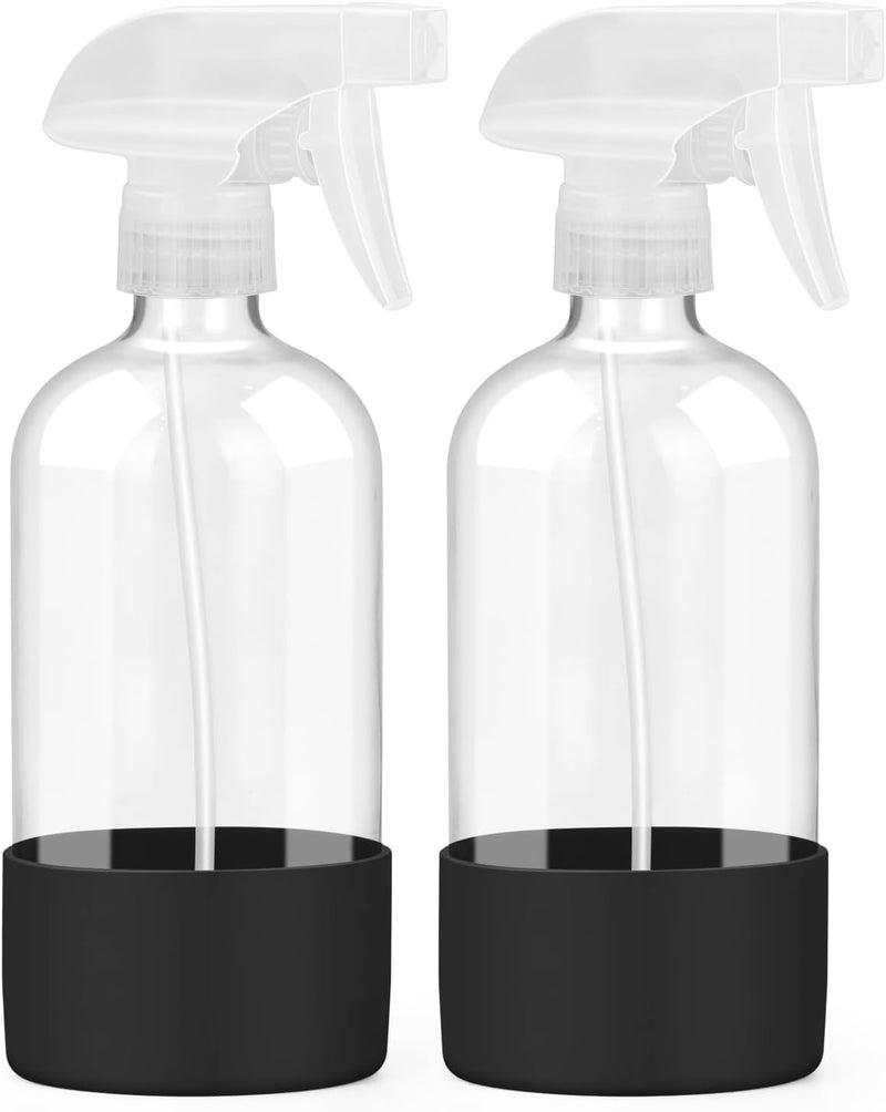 Worldgsb 2 Pack Glass Spray Bottles with Silicone Sleeve, 16 oz Empty Refillable Containers with Adjustable Spray Nozzles, Spray Bottles for Hair, Cleaning Solutions and Plants Black - Image 1
